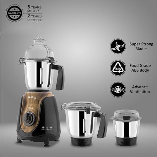 McCoy Mixer Grinder - Ebony BLK, 750W, 3 Jars, Stainless Steel Blades, Overload Protection, Multi-Functional for Grinding & Blending - Image 2