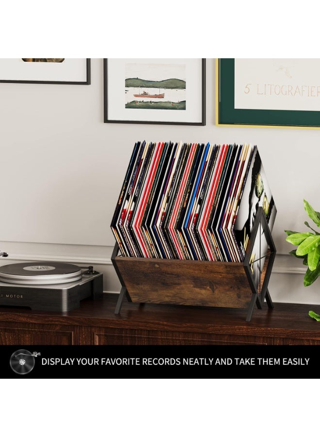 NANAO حامل أسطوانات الفينيل، رف تخزين أسطوانات الفينيل 80-100 LP، عرض أسطوانات الفينيل سهل التجميع، منظم بأسلوب ريترو للمجلات والكتب والملفات والألبومات (بني ريفي، طبقة واحدة) - Image 5