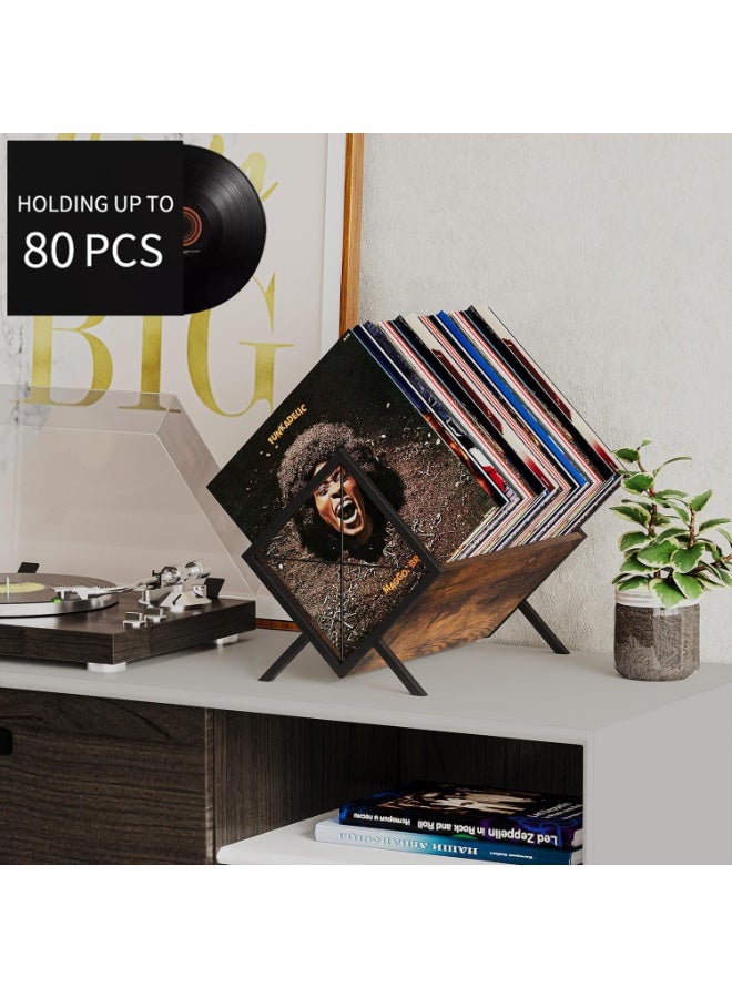 NANAO حامل أسطوانات الفينيل، رف تخزين أسطوانات الفينيل 80-100 LP، عرض أسطوانات الفينيل سهل التجميع، منظم بأسلوب ريترو للمجلات والكتب والملفات والألبومات (بني ريفي، طبقة واحدة) - Image 2