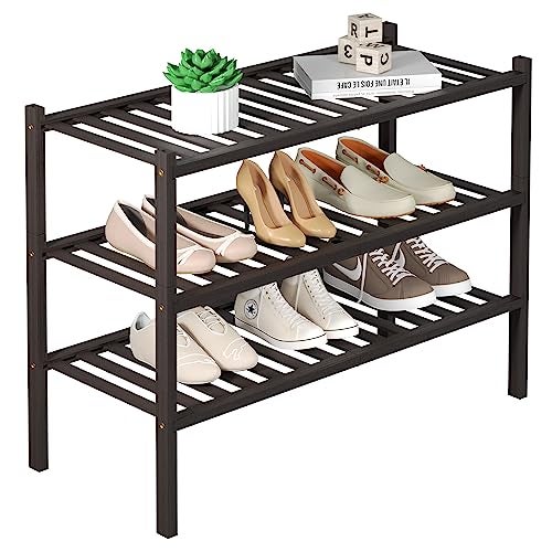 ROMGUAR CRAFT 3 Tier Bamboo Shoe Rack for Closet Free Standing Wood Shoe Shelf for Entryway Small Space Stackable 27"x11"x20" (Brown) - Image 1