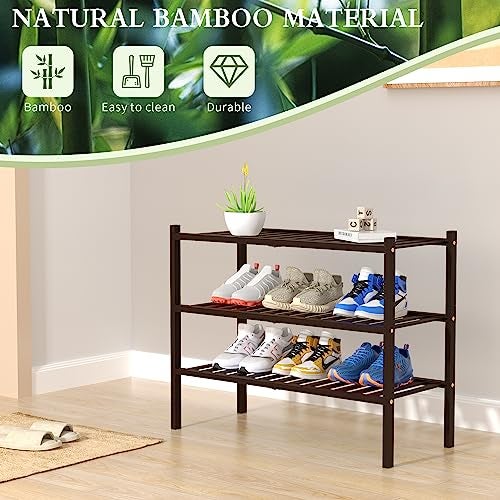 ROMGUAR CRAFT 3 Tier Bamboo Shoe Rack for Closet Free Standing Wood Shoe Shelf for Entryway Small Space Stackable 27"x11"x20" (Brown) - Image 5