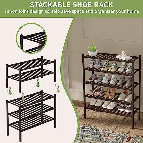 ROMGUAR CRAFT 3 Tier Bamboo Shoe Rack for Closet Free Standing Wood Shoe Shelf for Entryway Small Space Stackable 27"x11"x20" (Brown) - Image 4