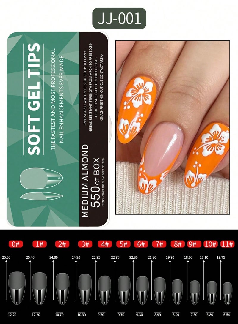 550pcs Almond Soft Gel Nail Tips - Semi-Frosted Transparent Press-On Nails for DIY & Salon, Easy to Use with UV Gel, French Design Artificial Nails, 12 Sizes with Storage Box, Nail Extension, Medium Almond - Image 2