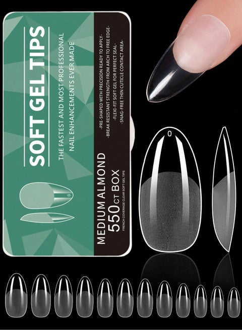 550pcs Almond Soft Gel Nail Tips - Semi-Frosted Transparent Press-On Nails for DIY & Salon, Easy to Use with UV Gel, French Design Artificial Nails, 12 Sizes with Storage Box, Nail Extension, Medium Almond