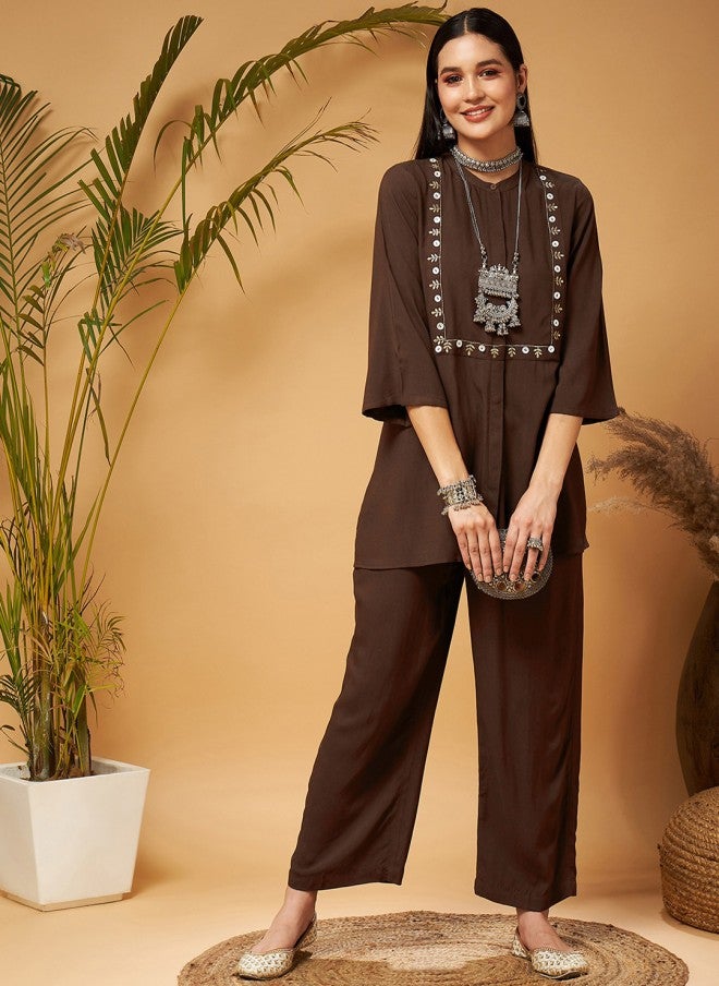 SASSAFRAS Embroidered Brown Kurti With Palazzo For Women - Image 1