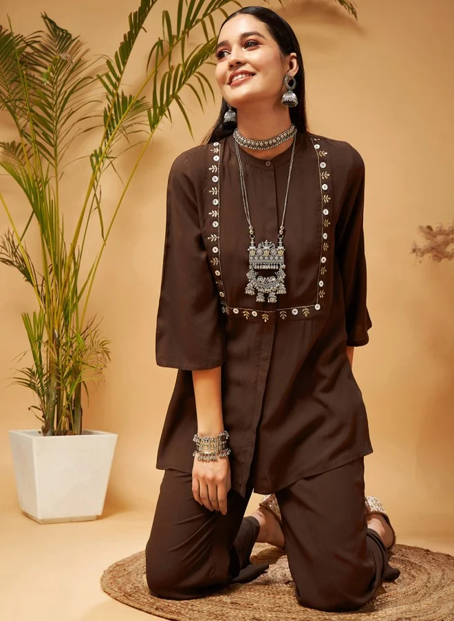 SASSAFRAS Embroidered Brown Kurti With Palazzo For Women