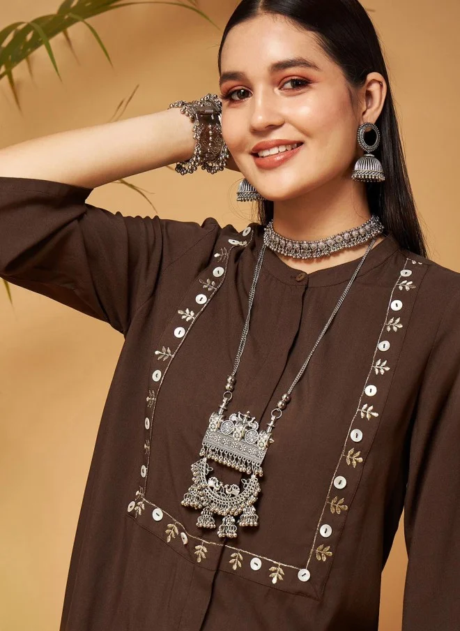 SASSAFRAS Embroidered Brown Kurti With Palazzo For Women
