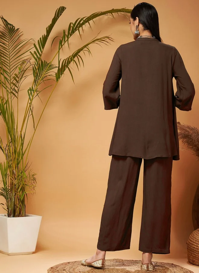 SASSAFRAS Embroidered Brown Kurti With Palazzo For Women