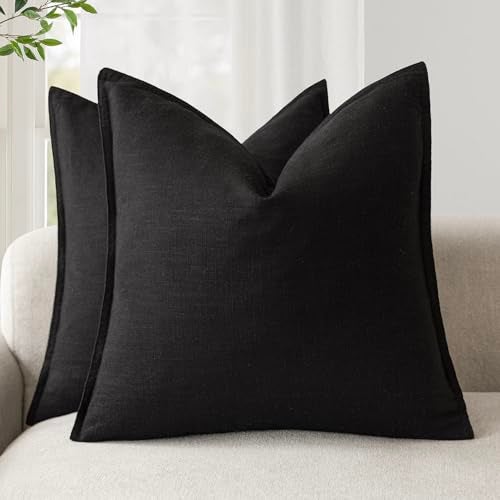 Foindtower Pack of 2 Decorative Linen Soild Throw Pillow Covers Soft Accent Cushion Case Boho Farmhouse Neutral Pillowcase for Chair Couch Sofa Bedroom Living Room Home Decor 20 x 20 Inch Black