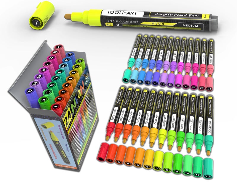 TOOLI-ART 24 Neon Fluorescent Acrylic Paint Pens Medium Special Color Series Markers Set 3mm Tip Rock Painting Glass Mugs Wood Metal Canvas DIY Projects Detailing Non Toxic Waterbased Quick Drying - Image 2