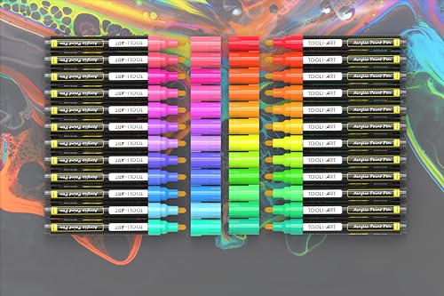 TOOLI-ART 24 Neon Fluorescent Acrylic Paint Pens Medium Special Color Series Markers Set 3mm Tip Rock Painting Glass Mugs Wood Metal Canvas DIY Projects Detailing Non Toxic Waterbased Quick Drying - Image 3
