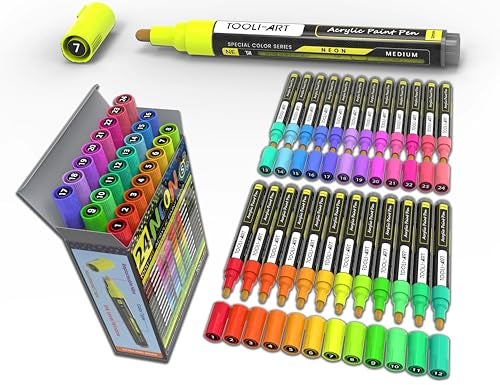 TOOLI-ART 24 Neon Fluorescent Acrylic Paint Pens Medium Special Color Series Markers Set 3mm Tip Rock Painting Glass Mugs Wood Metal Canvas DIY Projects Detailing Non Toxic Waterbased Quick Drying - Image 1