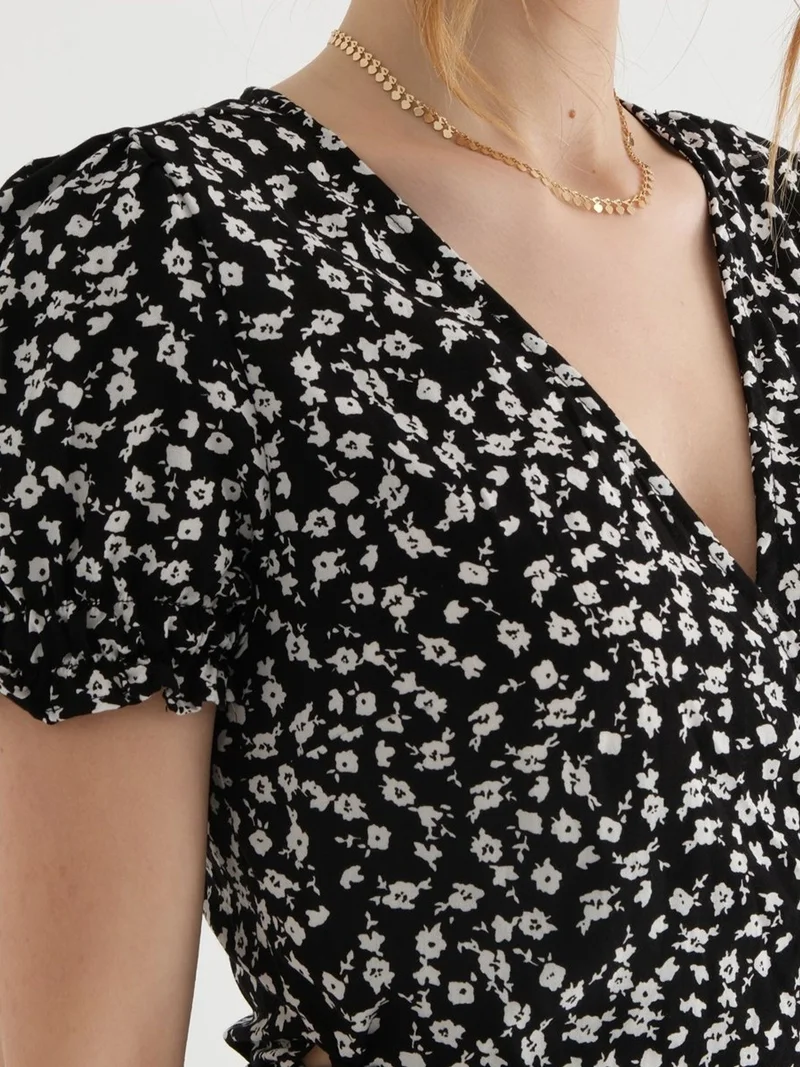 HICCUP Floral Surplice Neck Puff Sleeves Mini Dress with a Drawstring