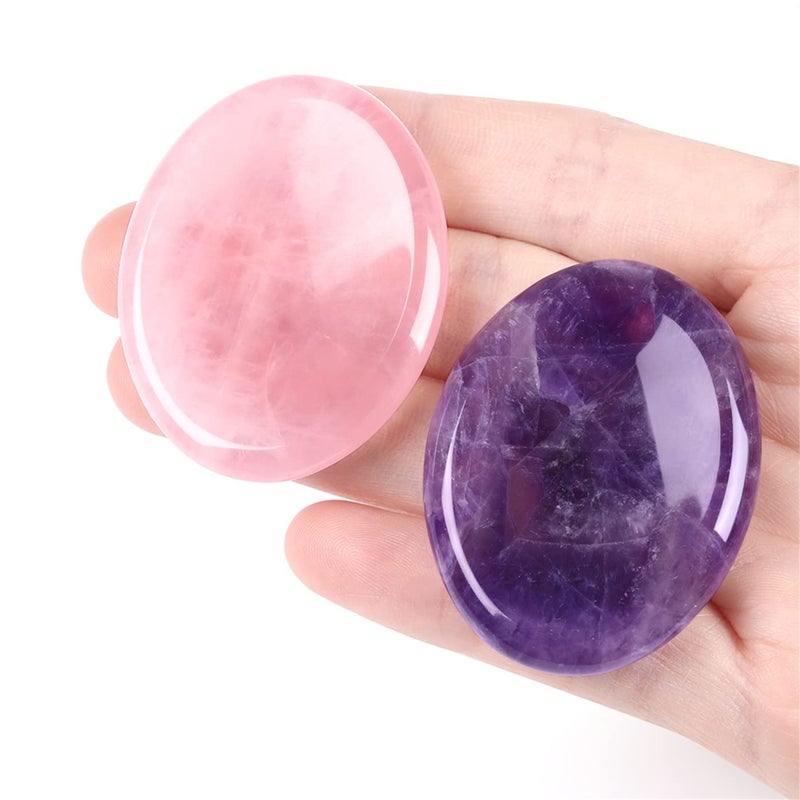 Thumb Worry Stone for Anxiety Healing Crystals Sets 2PCS Amethyst Rose Quartz Hand Carved Stones Gemstone Pocket Natural Stone Meditation Reiki Oval Shaped Palm Stone Therapy