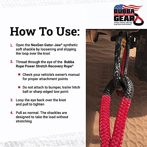 Bubba Rope Off-Road Truck Recovery Gear Set – Heavy-Duty Vehicle Tow Kit: Power Stretch Recovery Rope, 7/8” x 30’ - NexGen PRO Gator-Jaw Synthetic Shackles, 3/8” x 6.5” - Red - Image 5