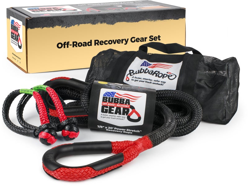 Bubba Rope Off-Road Truck Recovery Gear Set – Heavy-Duty Vehicle Tow Kit: Power Stretch Recovery Rope, 7/8” x 30’ - NexGen PRO Gator-Jaw Synthetic Shackles, 3/8” x 6.5” - Red - Image 1