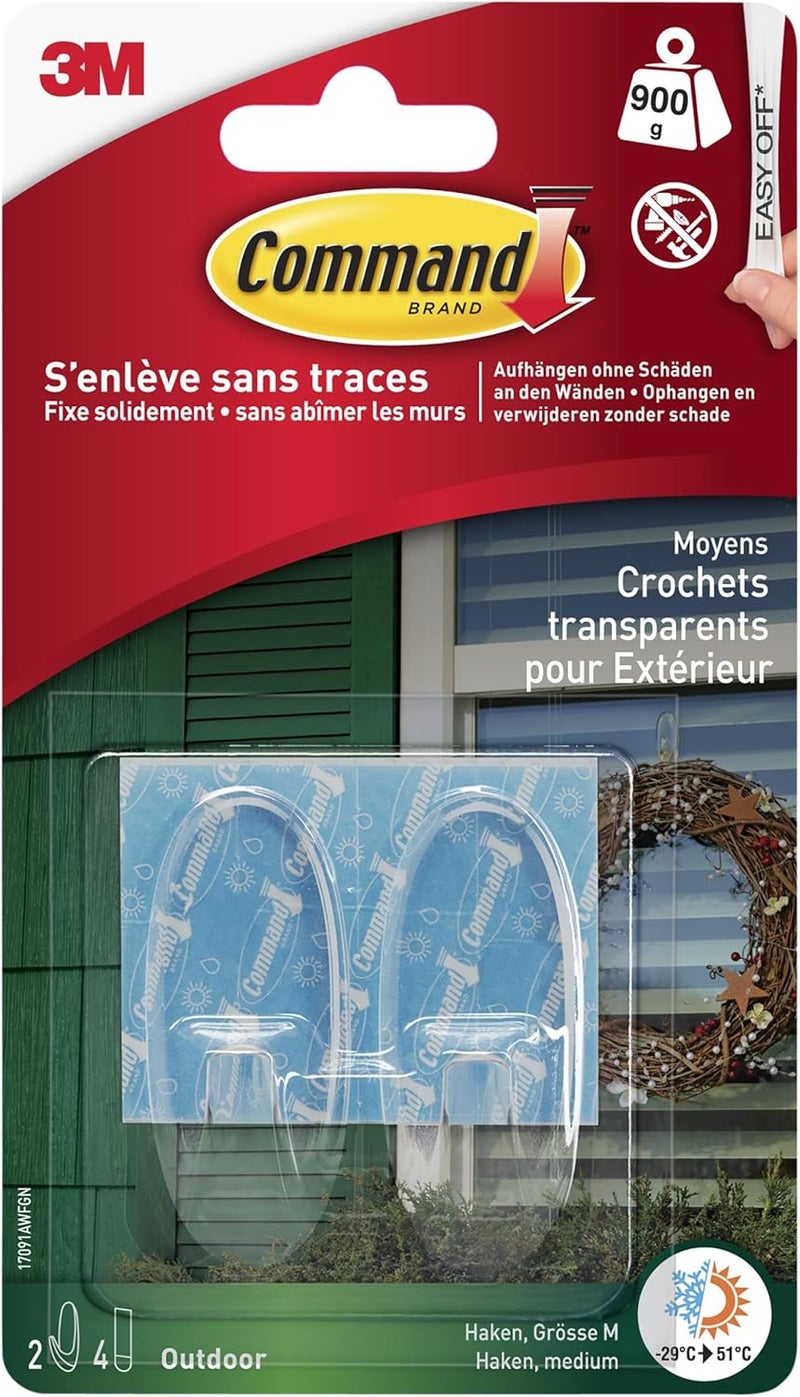 Command Transparent Medium Hooks M (Set of 2) for Outdoor Use in Oval Shape - Hanging Wreaths, Signs and Other Outdoor Objects - Image 1