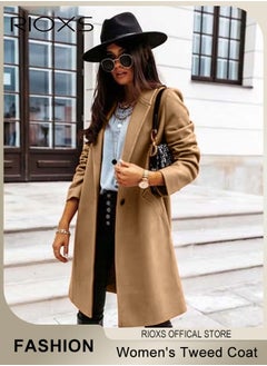 RIOXS Women's Notch Lapel Double Breasted Wool Blend Mid Long Coat, Stylish Warm Tweed Coat with One Button and 2 Pockets, Winter Midi Long Pea Coat, Good for Business or Casual Style  - Image 1
