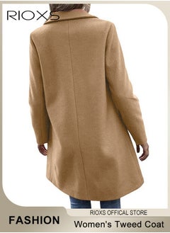 RIOXS Women's Notch Lapel Double Breasted Wool Blend Mid Long Coat, Stylish Warm Tweed Coat with One Button and 2 Pockets, Winter Midi Long Pea Coat, Good for Business or Casual Style  - Image 3