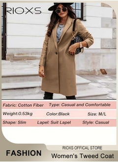 RIOXS Women's Notch Lapel Double Breasted Wool Blend Mid Long Coat, Stylish Warm Tweed Coat with One Button and 2 Pockets, Winter Midi Long Pea Coat, Good for Business or Casual Style  - Image 5