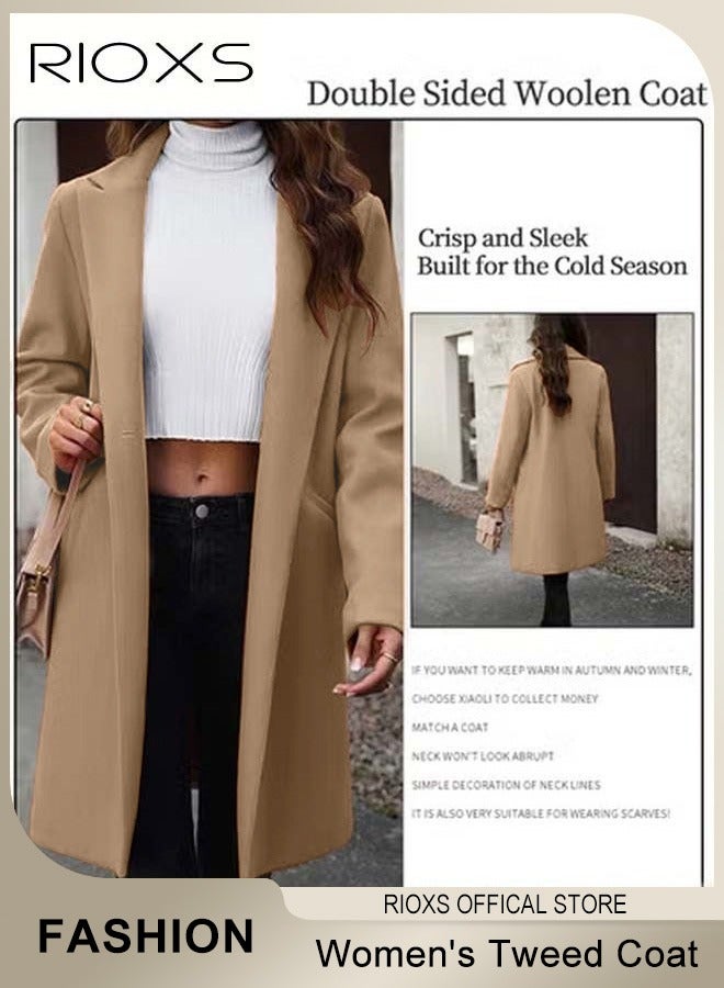 ريوكس معطف نسائي طويل متوسط الطول بياقة مزدوجة من مزيج الصوف، معطف تويد أنيق ودافئ، سترة طويلة بزر واحد وجيبين، معطف شتوي طويل متوسط الطول، مناسب للشارع، المواعدة، العمل، المكتب، التسوق أو الملابس اليومية، بني - Image 2