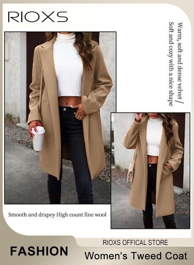 ريوكس معطف نسائي طويل متوسط الطول بياقة مزدوجة من مزيج الصوف، معطف تويد أنيق ودافئ، سترة طويلة بزر واحد وجيبين، معطف شتوي طويل متوسط الطول، مناسب للشارع، المواعدة، العمل، المكتب، التسوق أو الملابس اليومية، بني - Image 3