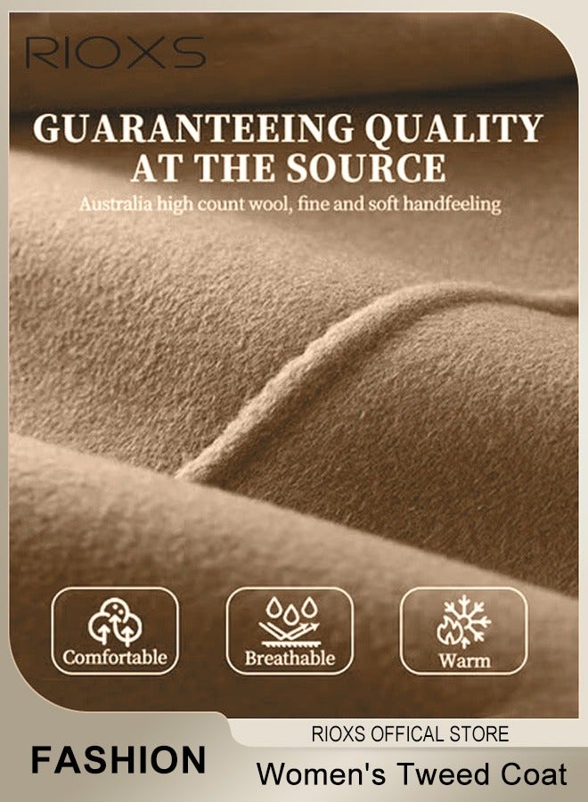 ريوكس معطف نسائي طويل متوسط الطول بياقة مزدوجة من مزيج الصوف، معطف تويد أنيق ودافئ، سترة طويلة بزر واحد وجيبين، معطف شتوي طويل متوسط الطول، مناسب للشارع، المواعدة، العمل، المكتب، التسوق أو الملابس اليومية، بني - Image 4