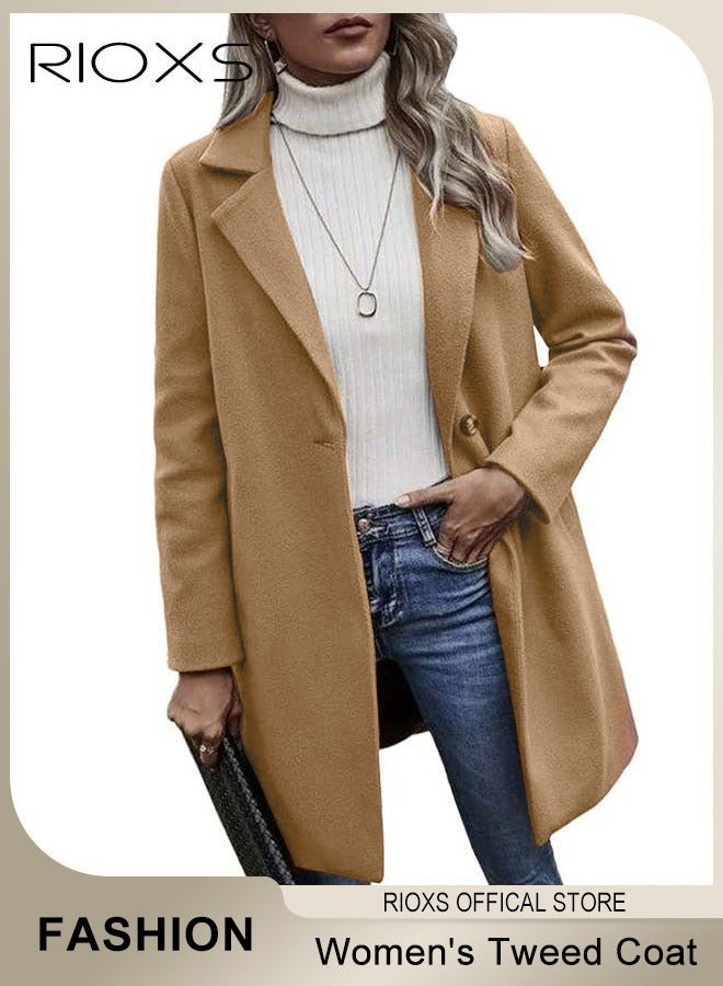 ريوكس معطف نسائي طويل متوسط الطول بياقة مزدوجة من مزيج الصوف، معطف تويد أنيق ودافئ، سترة طويلة بزر واحد وجيبين، معطف شتوي طويل متوسط الطول، مناسب للشارع، المواعدة، العمل، المكتب، التسوق أو الملابس اليومية، بني - Image 5