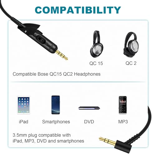 Sqrmekoko QC15 Cord Replacement Headphone Audio Cable Compatible with Bose QuietComfort 15 QC 15 Headphones - Image 2