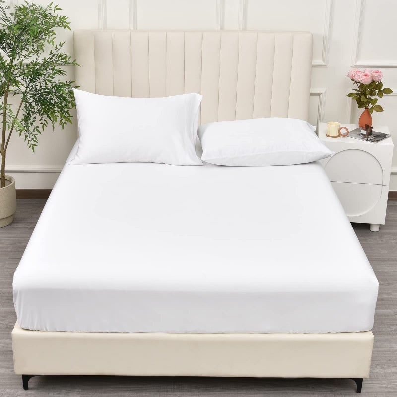 PHF 100% Rayon Derived from Bamboo Cooling Fitted Sheet Queen Size for Hot Sleeper  16"" Deep Pocket  2.5cm Wider Strong Elastic Easy Fit  Breathable Silky Soft  60""x 80"" White  No Pillowcases - Image 1