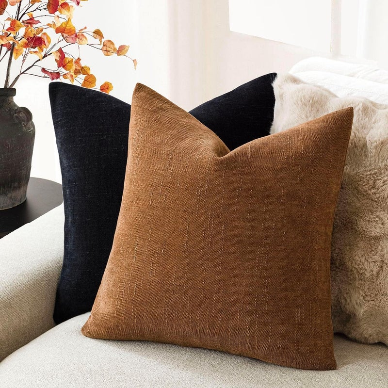 Foindtower Pack of 2 Soft Textured Chenille Throw Decorative Pillow Covers Square Accent Solid Cushion Cover Cozy Farmhouse Pillow Case with Zippe for Couch Sofa Bed Living Room 26x26 Inch, Bronze - Image 5