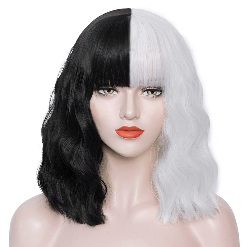 Mersi Black White Wig Short Wavy Bob Wigs for Costume Women Natural Cute Soft Wig with Wig Caps S046BW1