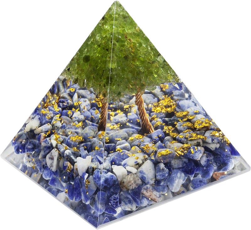 mookaitedecor Tree of Life Peridot & Sodalite Crystal Orgone Pyramid Energy Generator Stone for Chakra Reiki Balancing Protection