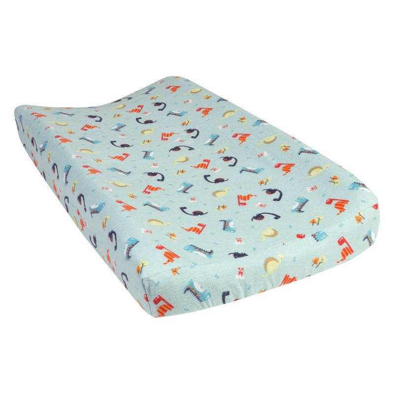 Trend Lab Dinosaurs Deluxe Flannel Changing Pad Cover - Dinosaurs Scatter Print Cotton Flannel, Blue, Orange, Red, Green, Fully Elasticized, 6 in Deep Pockets, Fits Standard Changing Pad 16 in x 32 in - Image 1