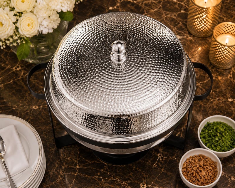 Servewell VN529WSH Round Chafing Dish - Stainless Steel Hammer Finish, 7L Capacity - Image 4