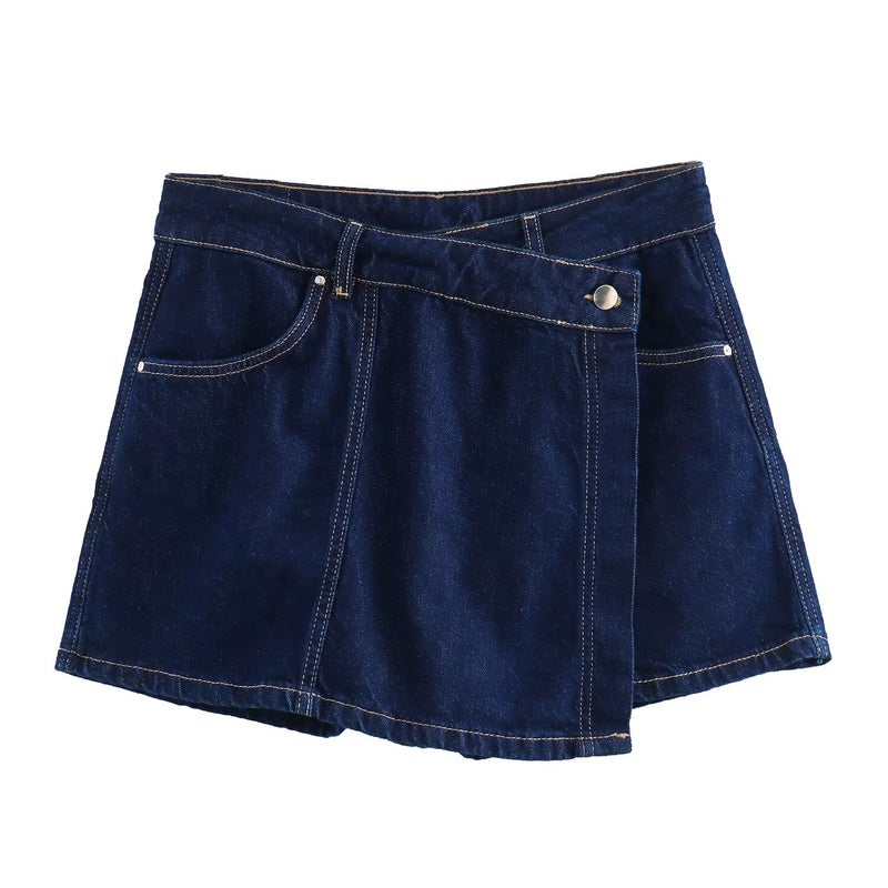 2024 summer new European and American cross-border womens fashion short Denim short sleeve shirt asymmetric skirt suit 10399 dark blue Denim Culottes
