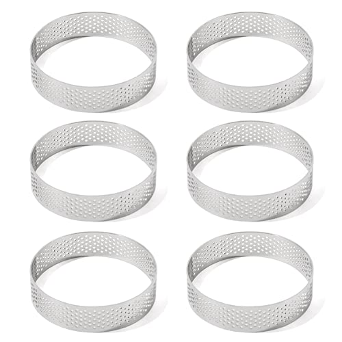 Guowall Stainless Steel Round Tart Ring Metal Perforated Cake Mold Pastry Molud for Circle Tartlet French Dessert Small Fruit Tarte Crust 6pcs
