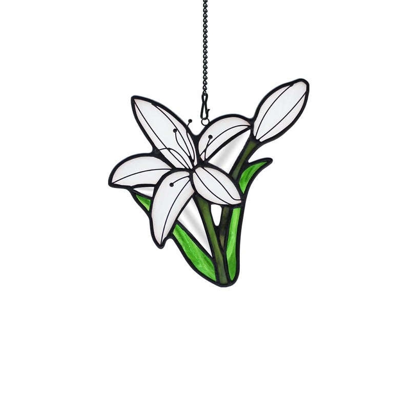 BOXCASA Lily Flower Gift for Women Stained Glass SuncatcherArtificial Flowers Stained Glass Window HangingsWhite Flower Gift for MomWindow Suncatcher Indoor Decor for Livingroom Bedroom