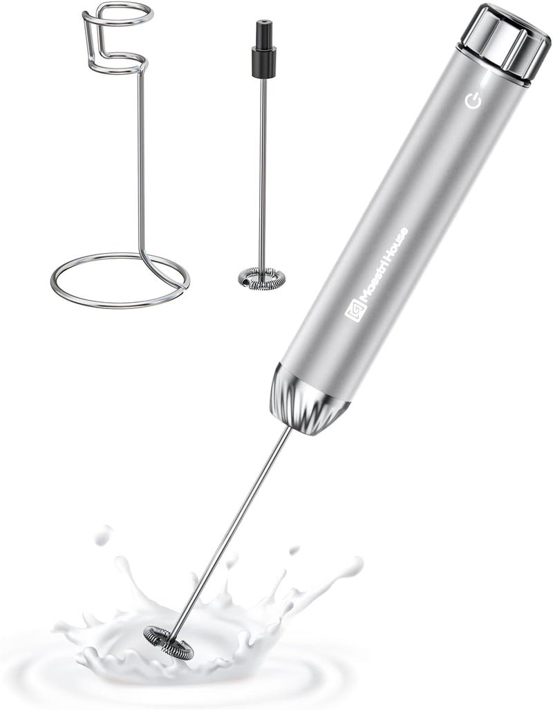 Maestri House Rechargeable Milk Frother with Stepless Speed Control LunaFro Max Handheld Electric Foam Maker Waterproof Drink Mixer Foamer with Stand Detachable Whisks for Lattes Cappuccino