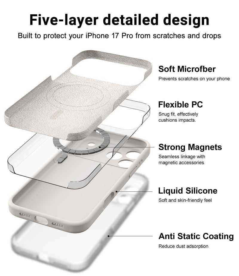 OTOFLY Magnetic for iPhone 17 Pro Case,Compatible with Magsafe,Classic Liquid Silicone Mobile Phone Case,Integrated Camera Control Button,Anti-Scratch Microfiber Lining, Stone - Image 4