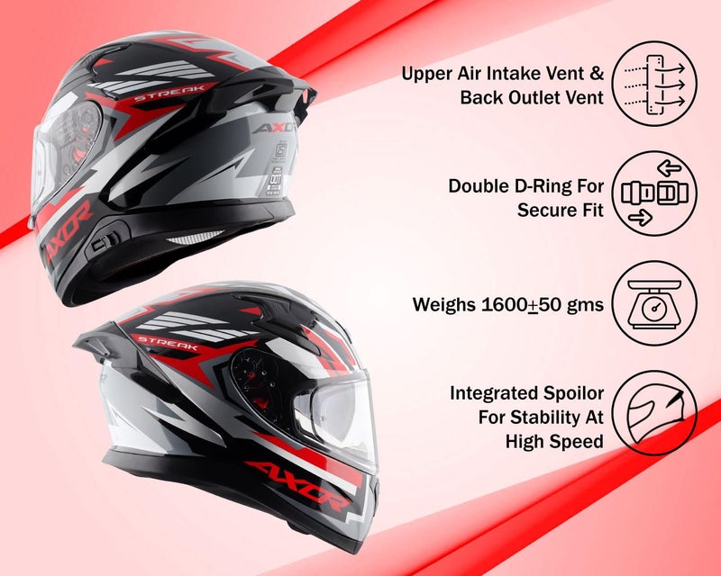 Axor Apex Streak ISI ECE and DOT Certified Matte Finish Full Face Helmet for Men with Pinlock Fitted Outer Clear and Inner Sun Smoke Visor- Dull Black Red Helmet-XL - Image 4