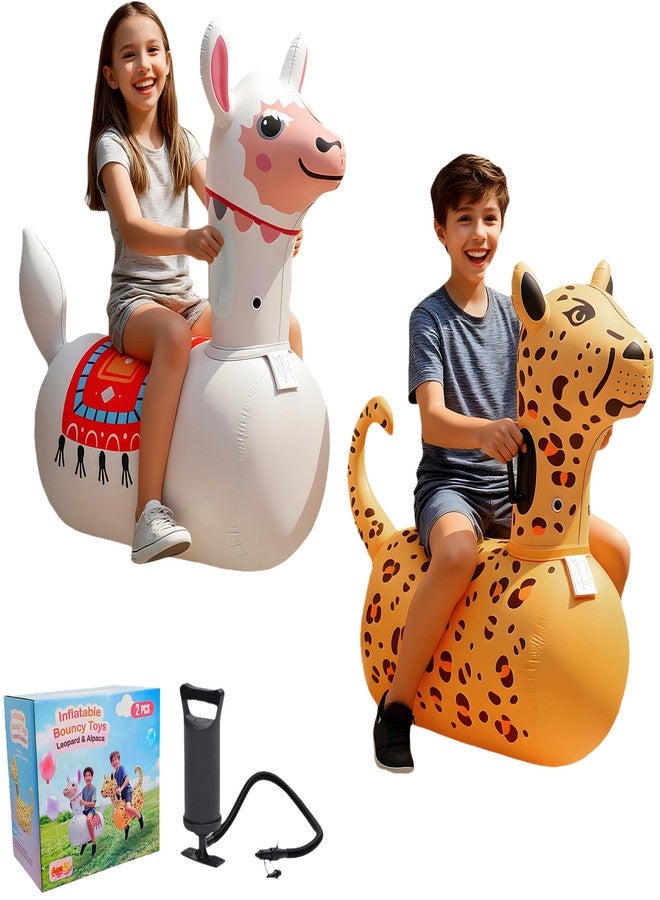 GEEQUFLOAT Inflatable Bouncy Leopard & Alpaca Toys 2PCS,Heavy Duty Giant Inflatable Bouncy Toys For Age 5+ with Air Pump ,Indoor Outdoor Ride On Bouncy Animal Hopper Toy,220lbs Load Capacity Gifts For Boys Girls - Image 1
