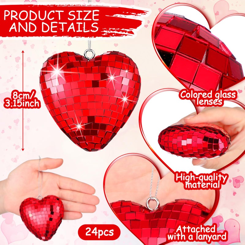 Vercraft 24 Pcs Valentine's Day Hanging Ornaments 3.15 Inch Heart Disco Ornament Red Heart Mirror Glass Ball Decor Valentines Tree Decor Mirror Love Disco Ball for Wedding Party Anniversary Supplies - Image 2