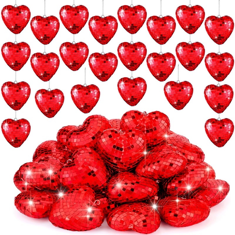 Vercraft 24 Pcs Valentine's Day Hanging Ornaments 3.15 Inch Heart Disco Ornament Red Heart Mirror Glass Ball Decor Valentines Tree Decor Mirror Love Disco Ball for Wedding Party Anniversary Supplies - Image 1