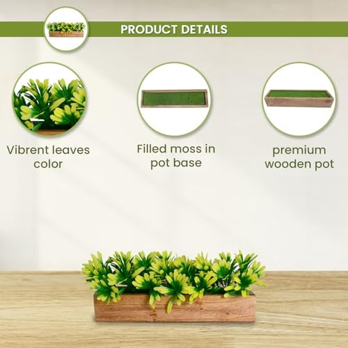 fancymart Artificial Plant Leaves in a Stylish Wooden Planter | Perfect Home Décor Item, Height 14cm x Width 30 cm - Image 3