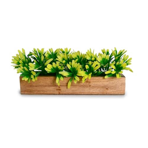 fancymart Artificial Plant Leaves in a Stylish Wooden Planter | Perfect Home Décor Item, Height 14cm x Width 30 cm - Image 1