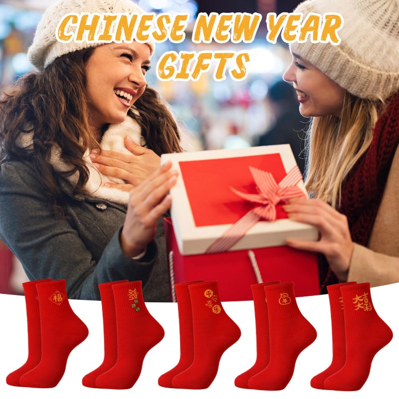 Glitopper 10 Pairs Chinese New Year 2026 Red Socks of Horse with Embroidery Fu Rich New Year Crew Socks for Woman Men Gifts - Image 5