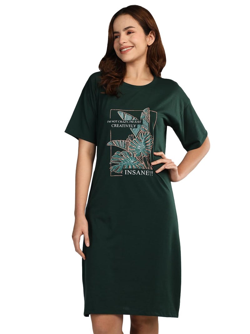 Duchess Cotton Half Sleeve Oversized T-Shirts for Women| Nighty - Loose Fit Tee with Pocket Olive - Image 2