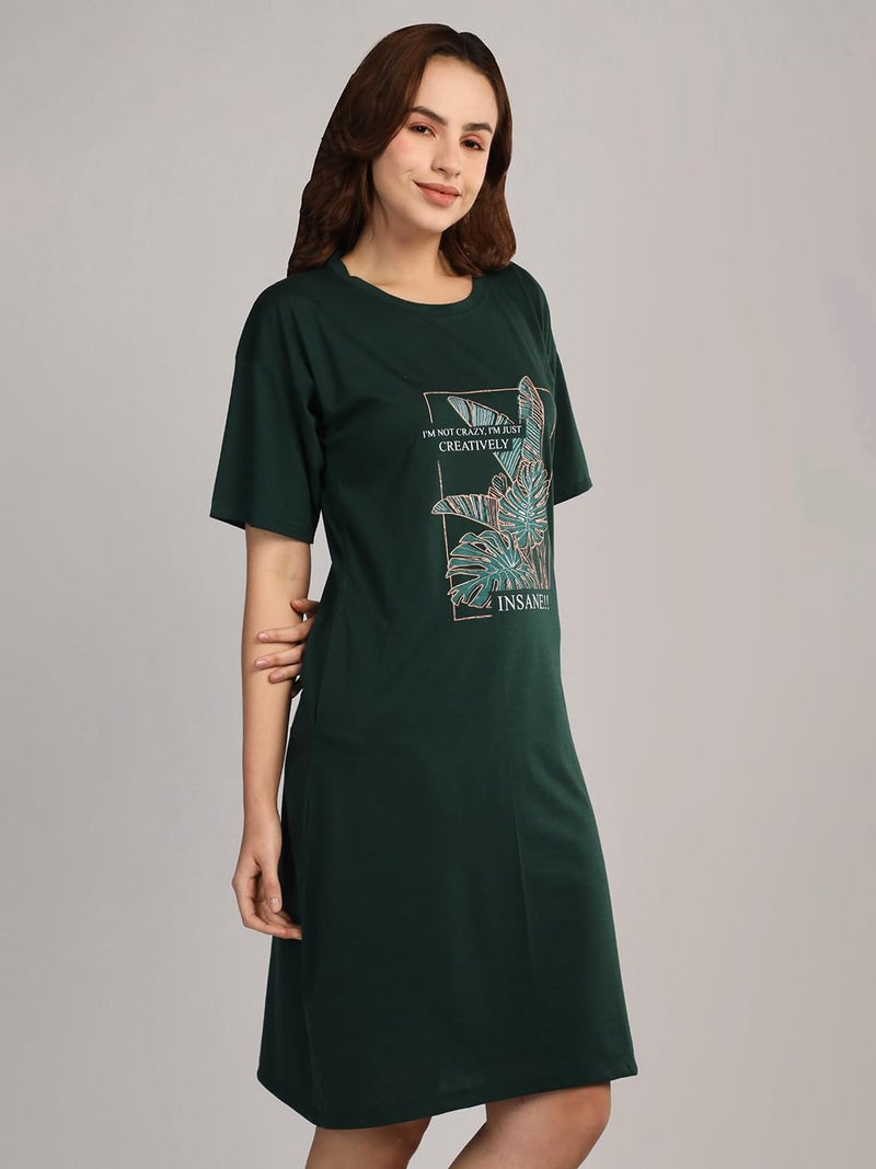 Duchess Cotton Half Sleeve Oversized T-Shirts for Women| Nighty - Loose Fit Tee with Pocket Olive - Image 5