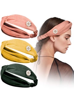 ANCIRS ANCIRS 3 Pack Pearl Button Women Headband 3 Assorted Color Handmade Stretchy Hair Band Non Slip Criss Cross Knot Boho Headwrap Artificial Hair Bow Band Accessories for Women  Girls Hair Style Fashion 